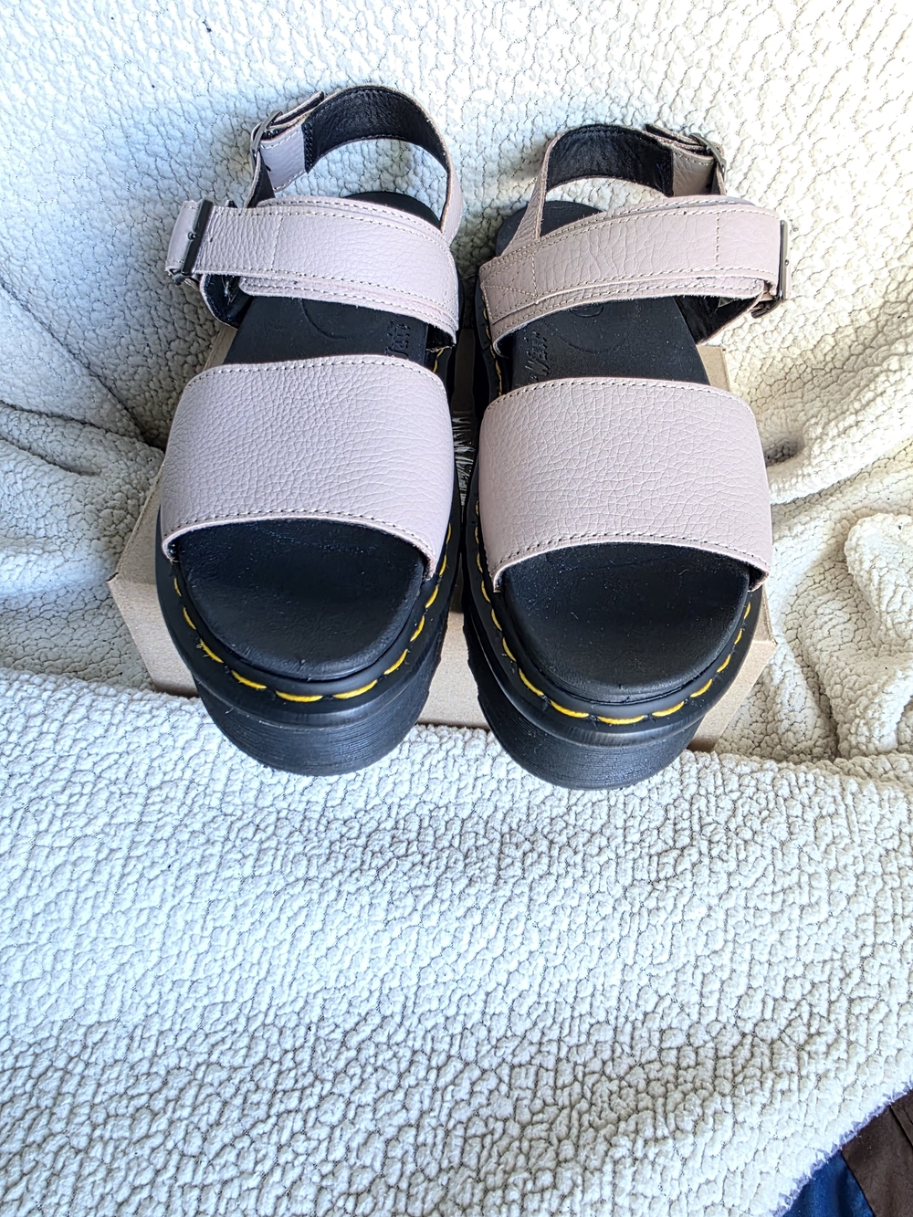 Dr. Martens Light Pink Platform Sandals with Yellow Stitching - Picture 2 of 5